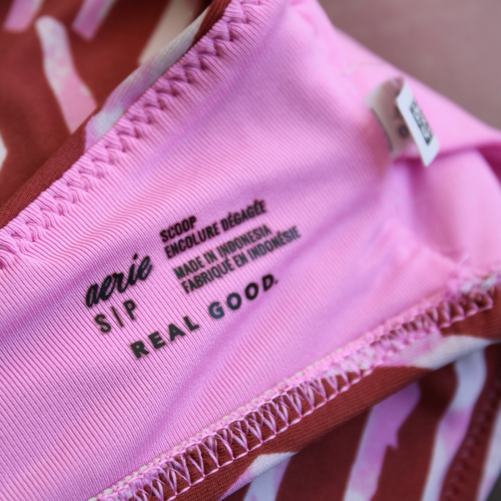 Aerie Tie Front Scoop Bikini Swim Top Best Buds Pink White Striped Size Small - Picture 5 of 9